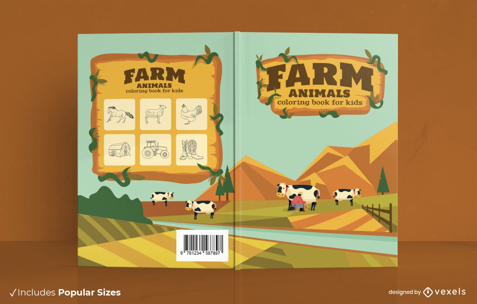 Diseño de portada de libro para colorear de animales de granja