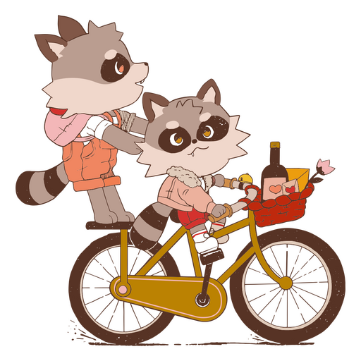 Amigos mapaches en bicicleta