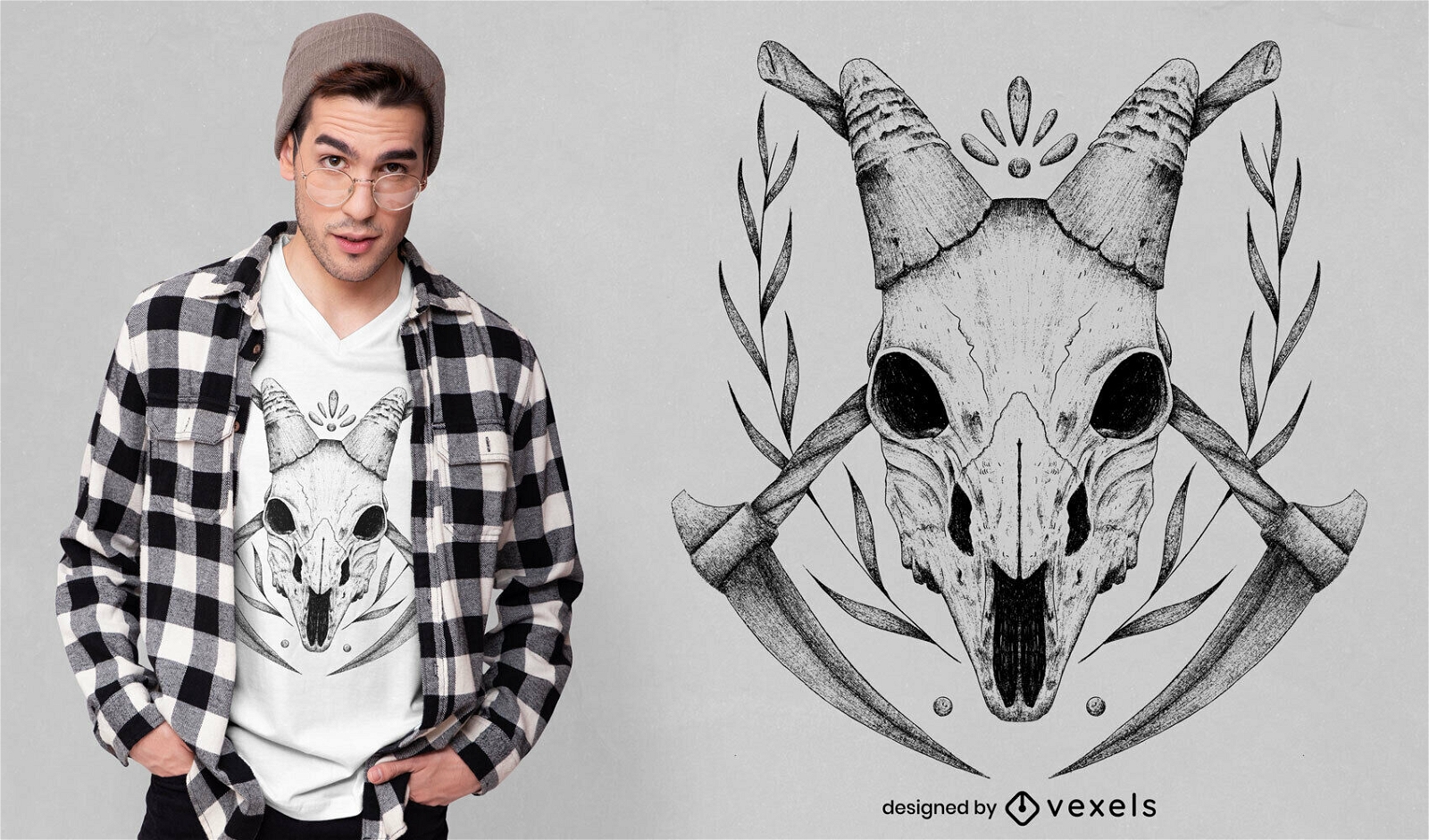 Crânio de cabra desenhado à mão com design de t-shirt psd