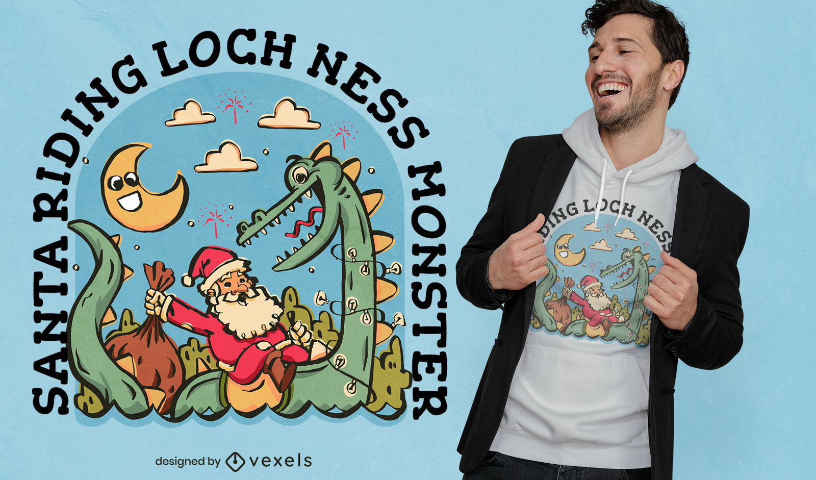 Papá noel en el diseño de la camiseta del monstruo del lago ness