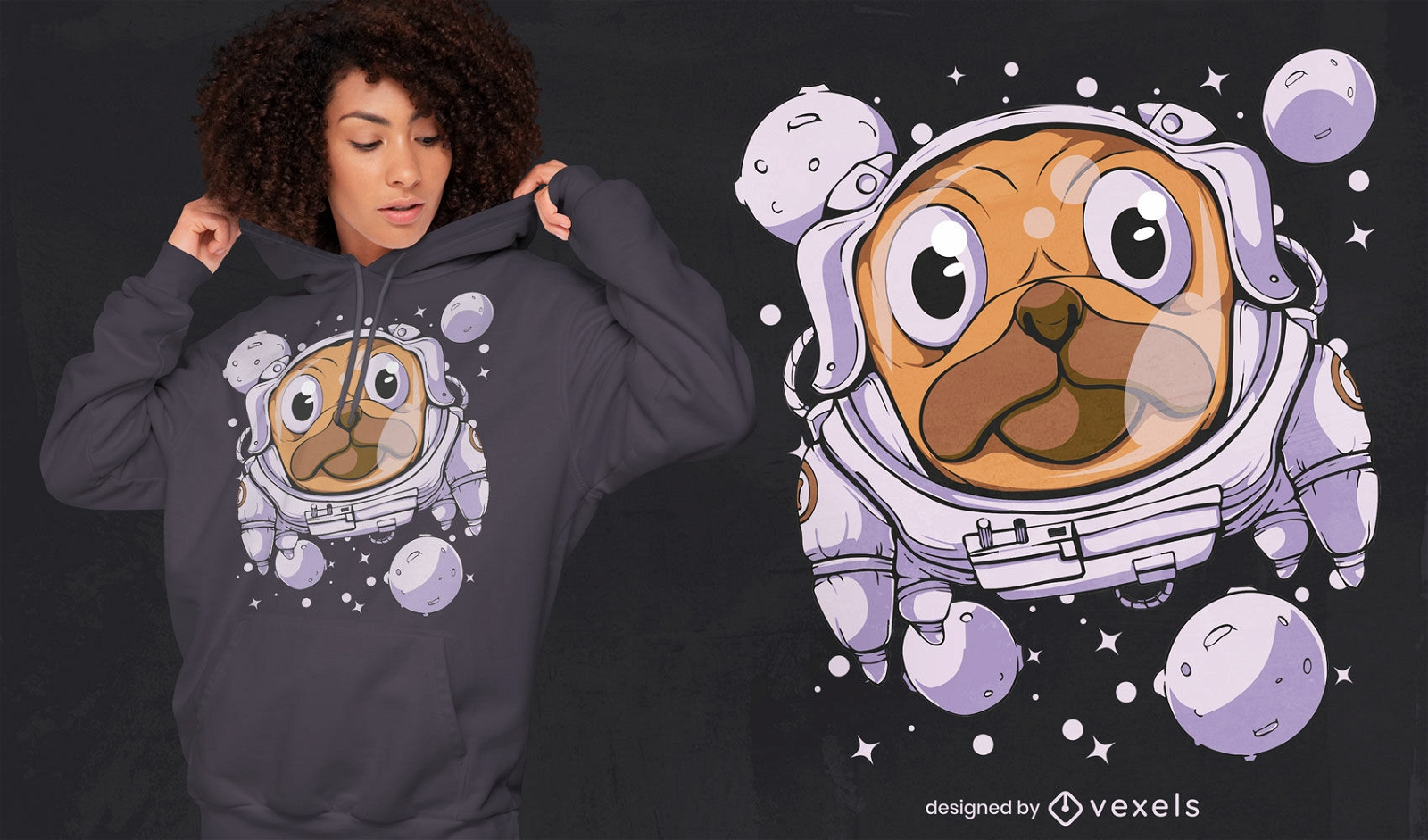 Design de t-shirt do astronauta do espaço do cão Pug