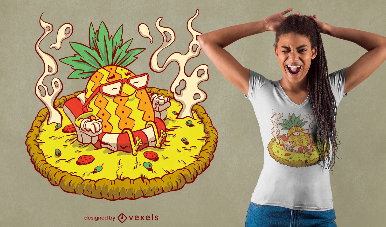 Ananas, die auf Pizza-T-Shirt-Design kühlt