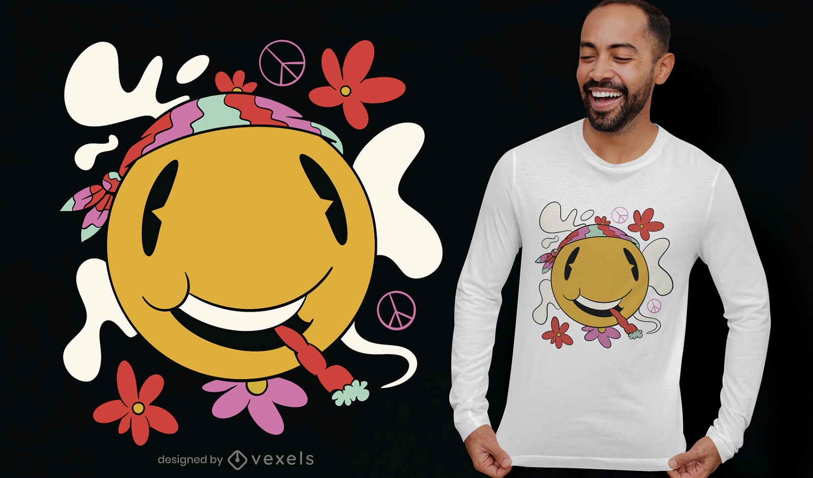Diseño de camiseta fumando emoji sonriente hippie