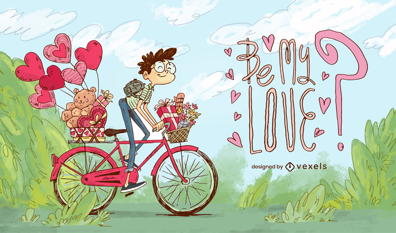 Hombre montando bicicleta con regalos del día de san valentín