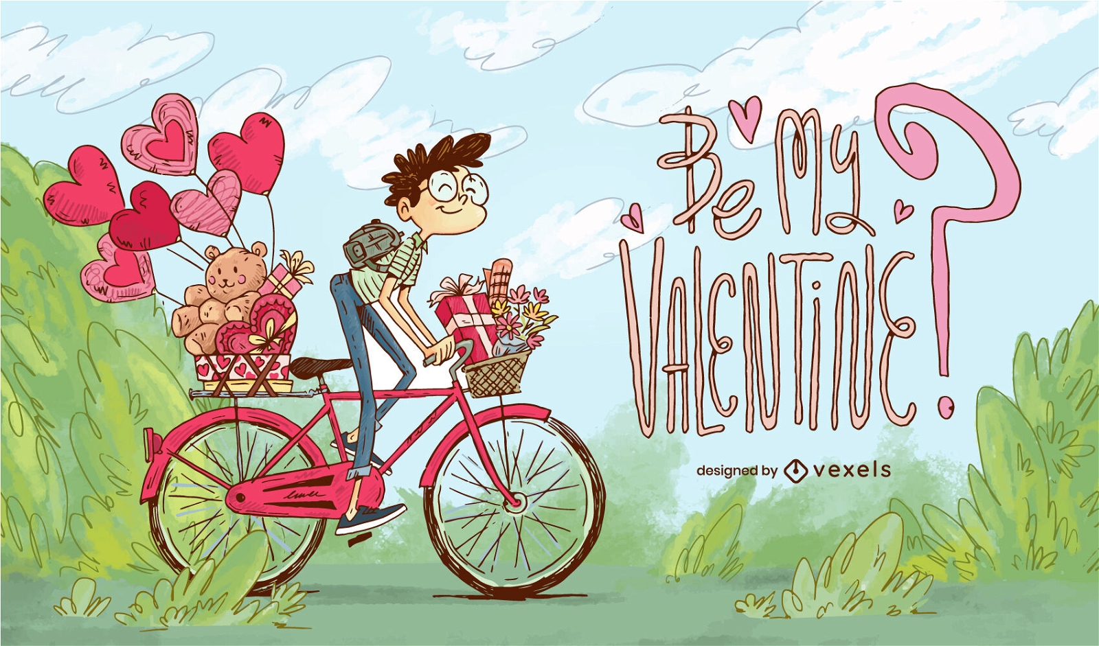 Mann, der Fahrrad mit Valentinstaggeschenken f?hrt