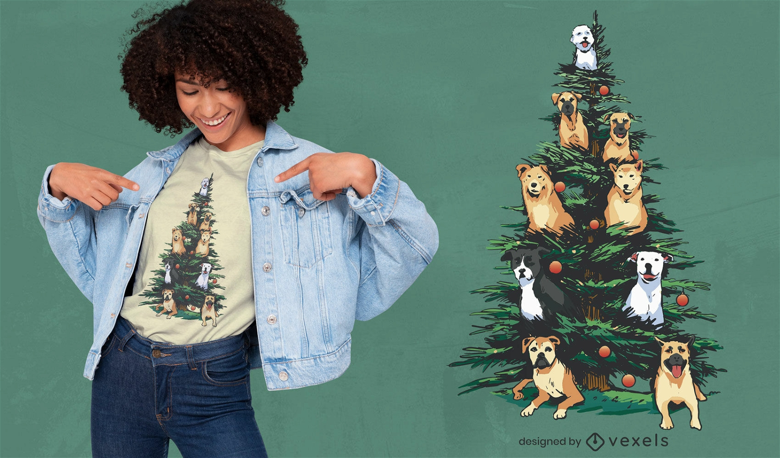 Árbol de navidad con diseño de camiseta de perros.