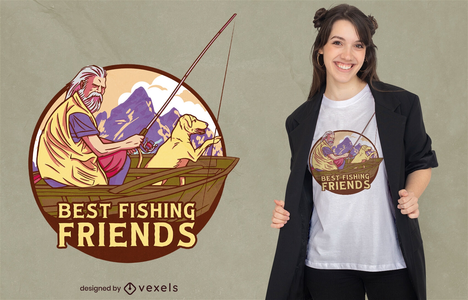 Pescador en barco con diseño de camiseta de perro.