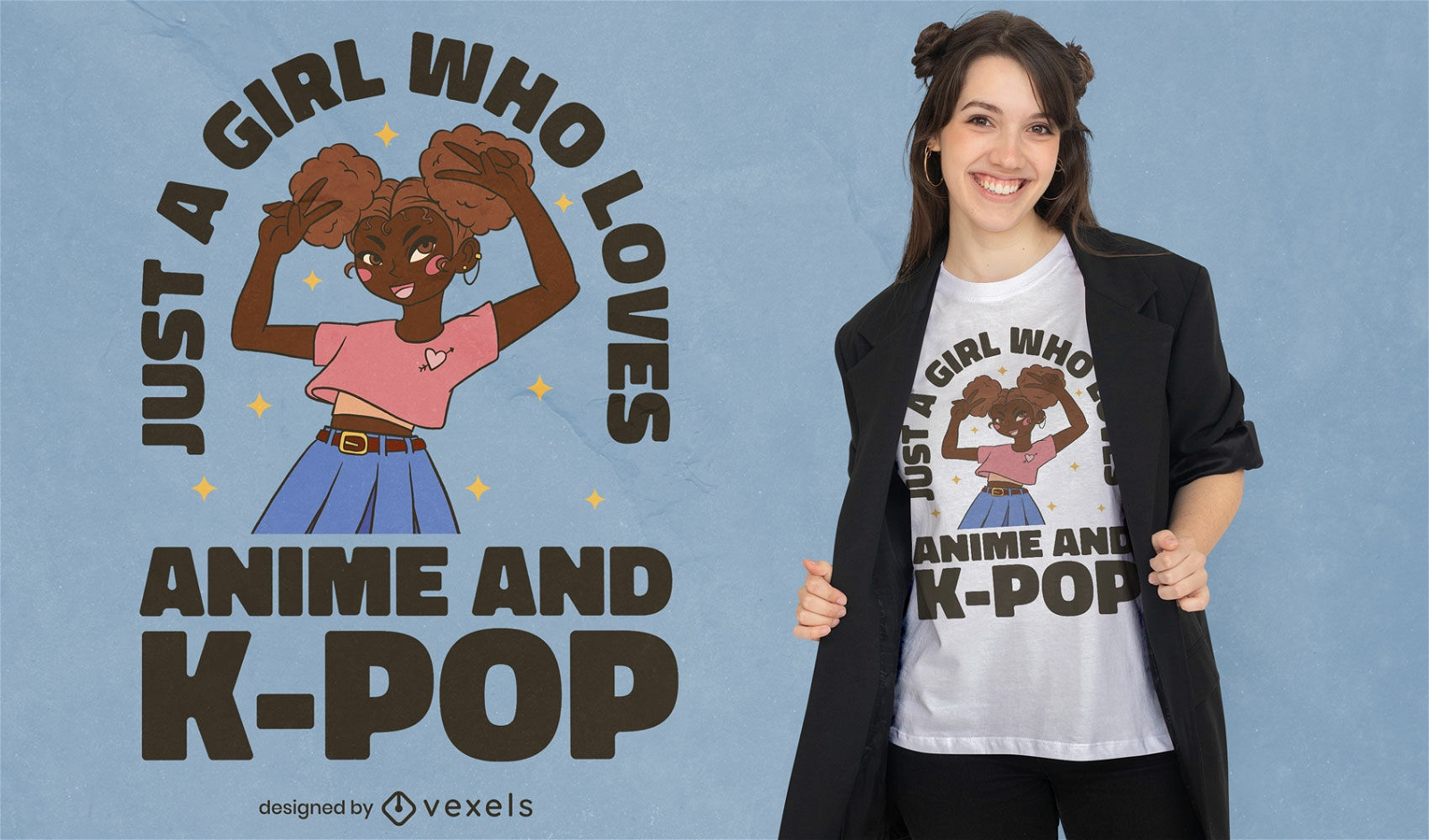 Anime und K-Pop schwarzes M?dchen T-Shirt Design