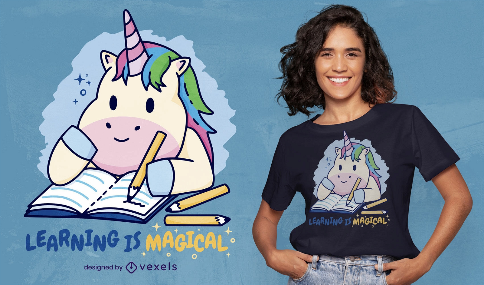 Aprendiendo unicornio estudiando diseño de camiseta.