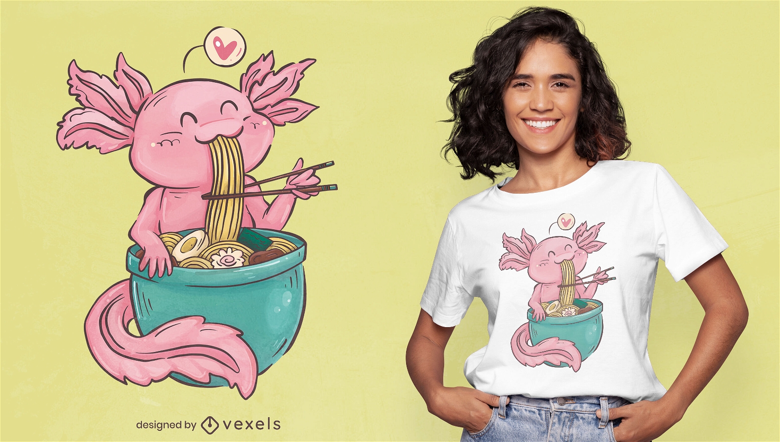 Diseño de camiseta feliz de ajolote comiendo ramen