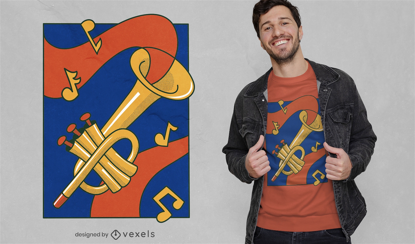 Diseño de camiseta de instrumento musical de trompeta dorada.