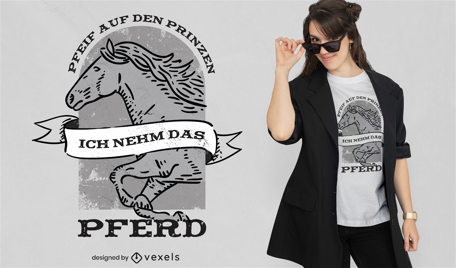 Cavalo executando design de camiseta com citação alemã