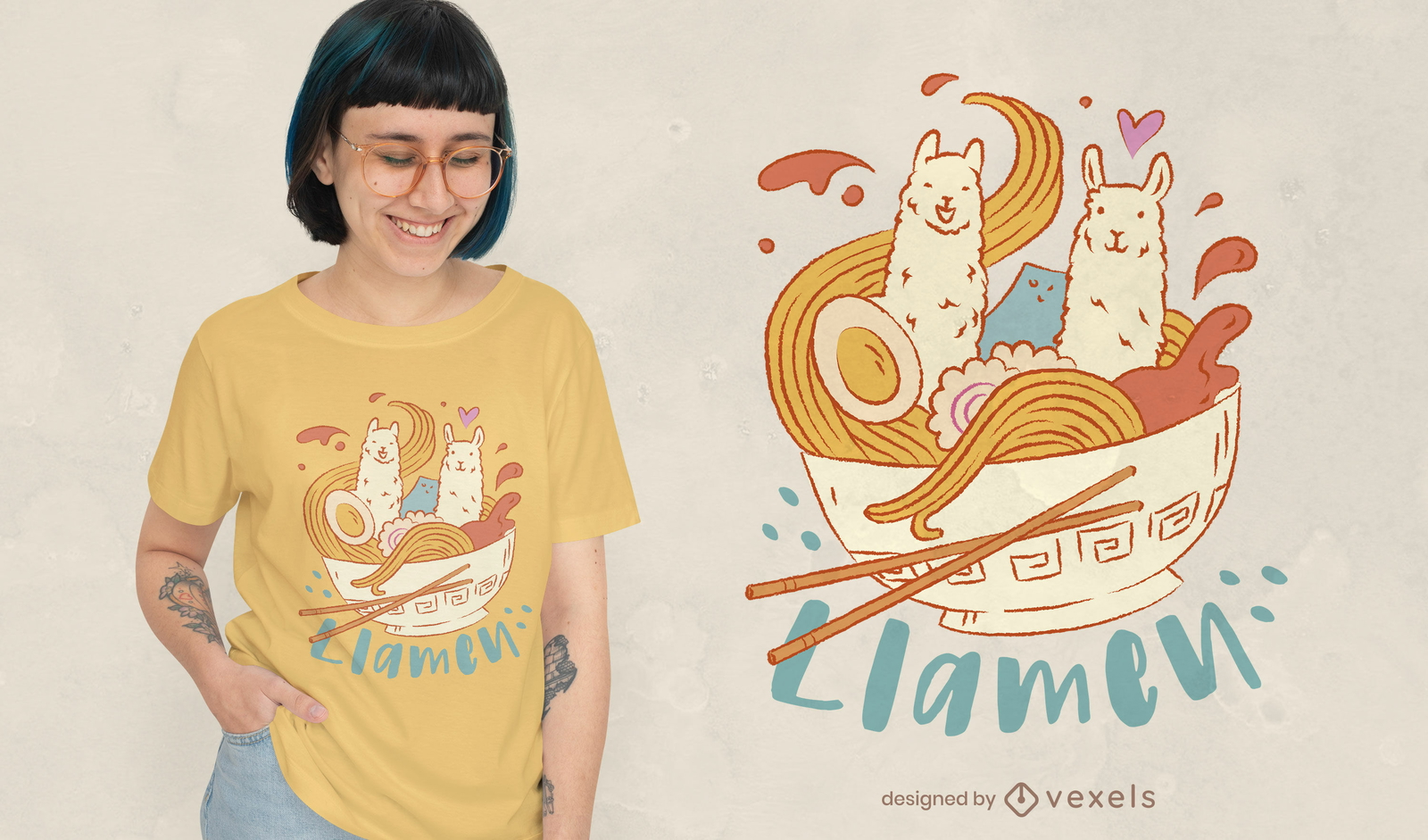 Design de camisetas engraçadas de lhamas ramen