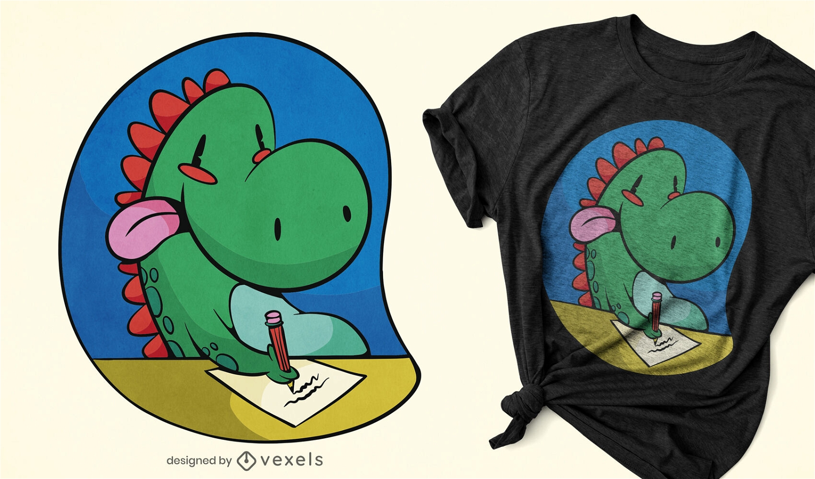 Dinosaurio de dibujos animados estudiando diseño de camiseta