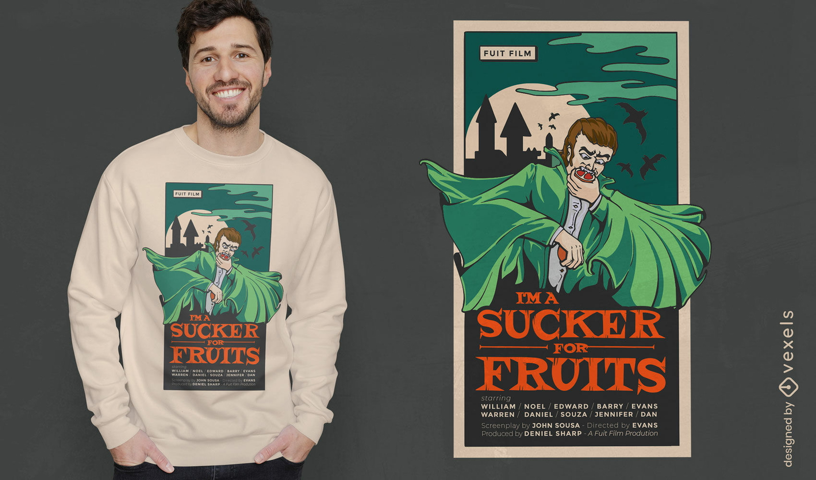 Diseño de camiseta vampiro comiendo pomelo