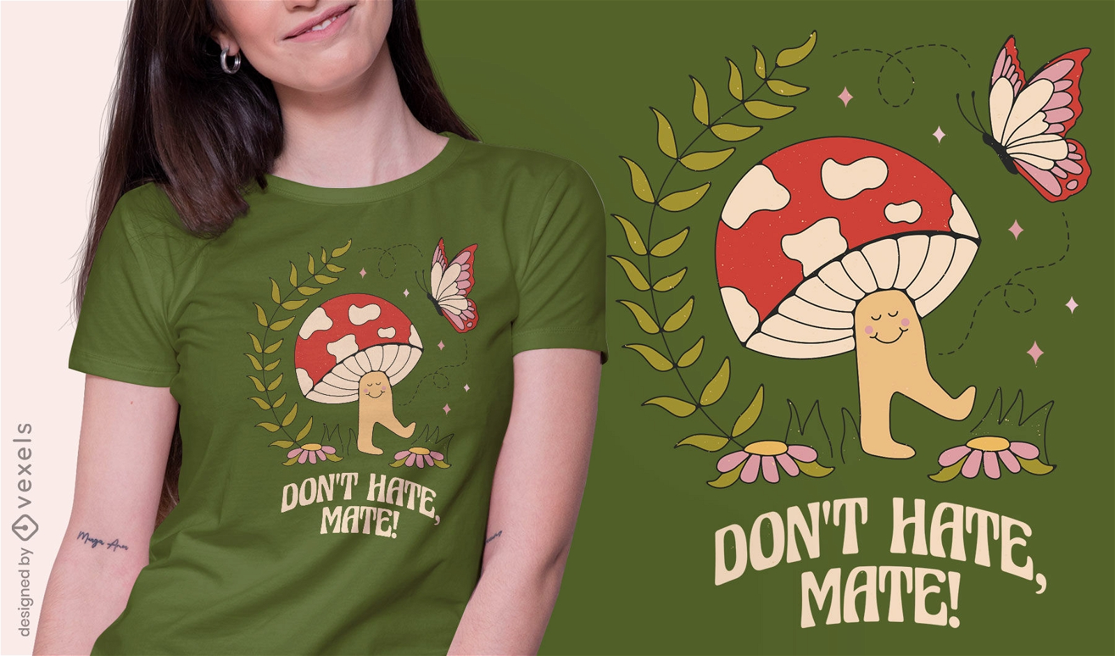 Design de t-shirt cogumelo hippie da paz