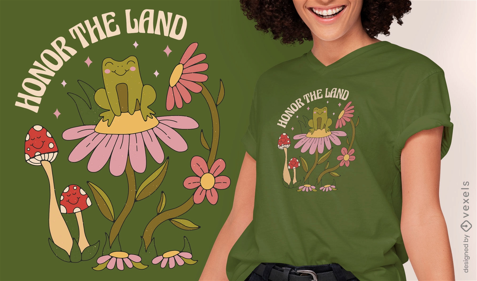 Diseño de camiseta de rana y flores.