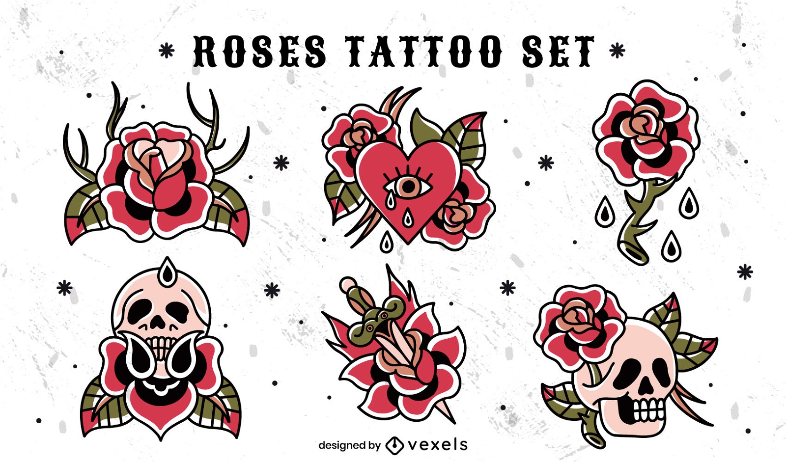 Conjunto de tatuagem de rosas e caveiras
