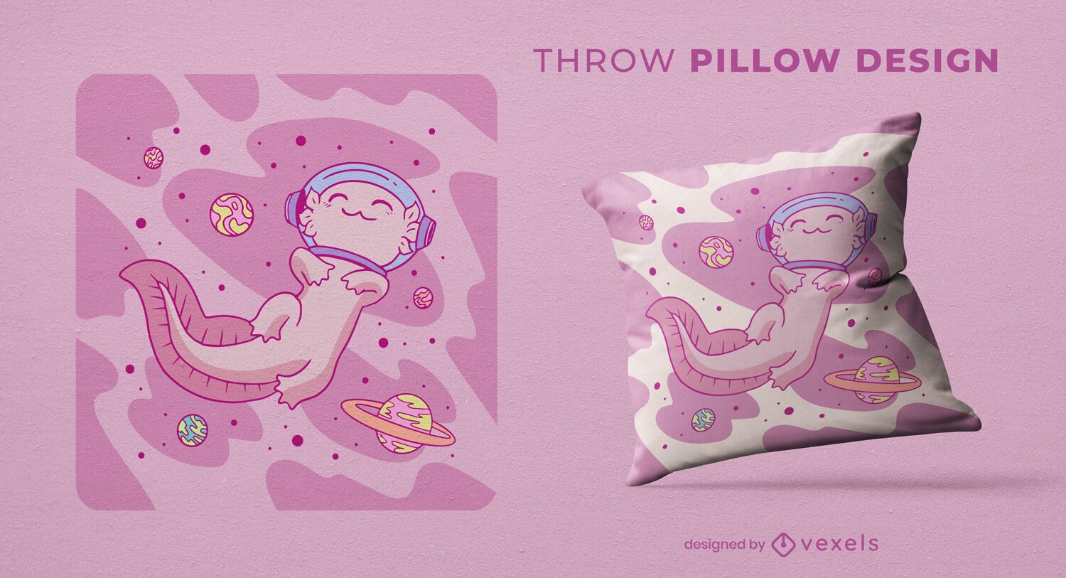 Space axolotl floating throw pillow design