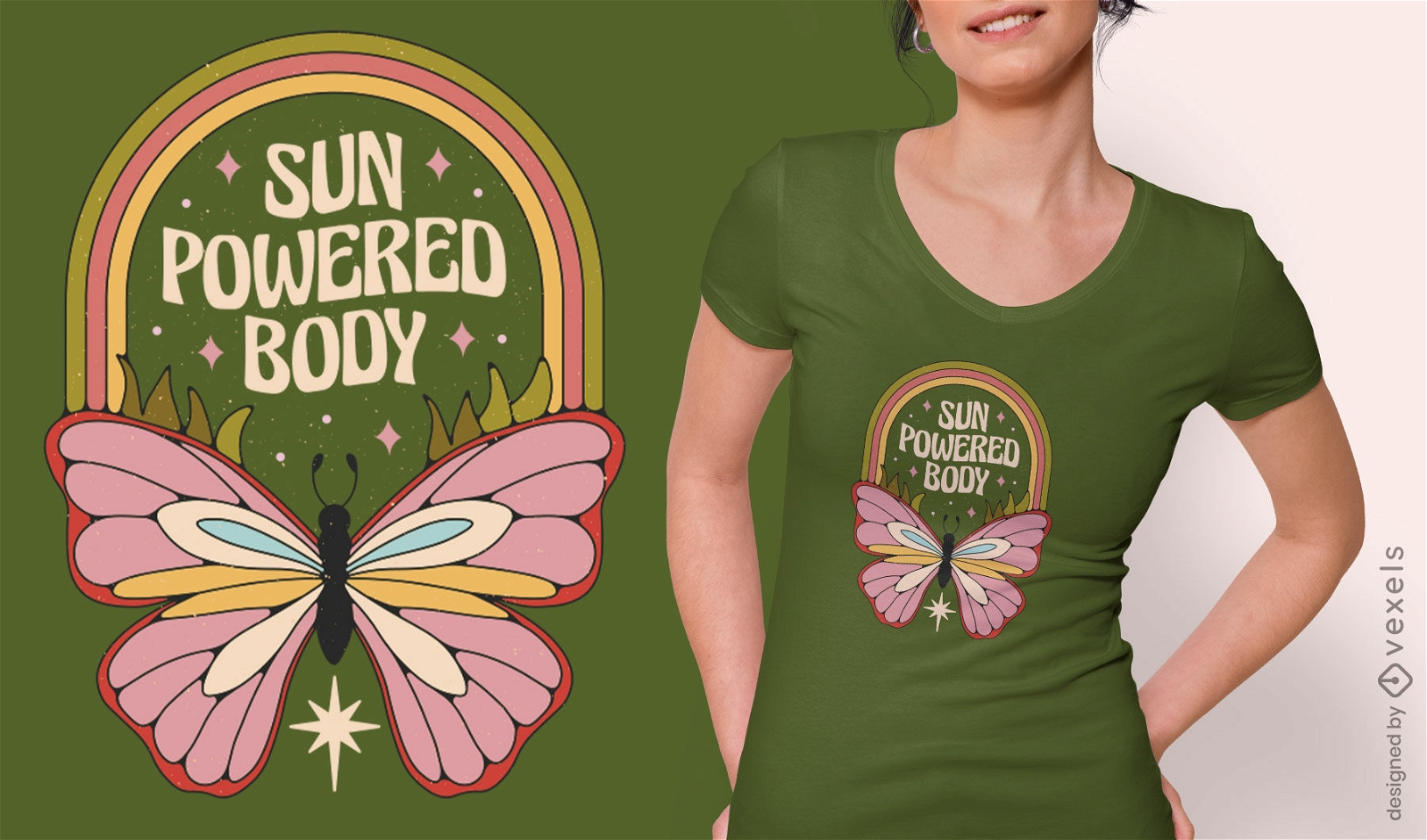 Desenho de camiseta hippie com citação de borboleta