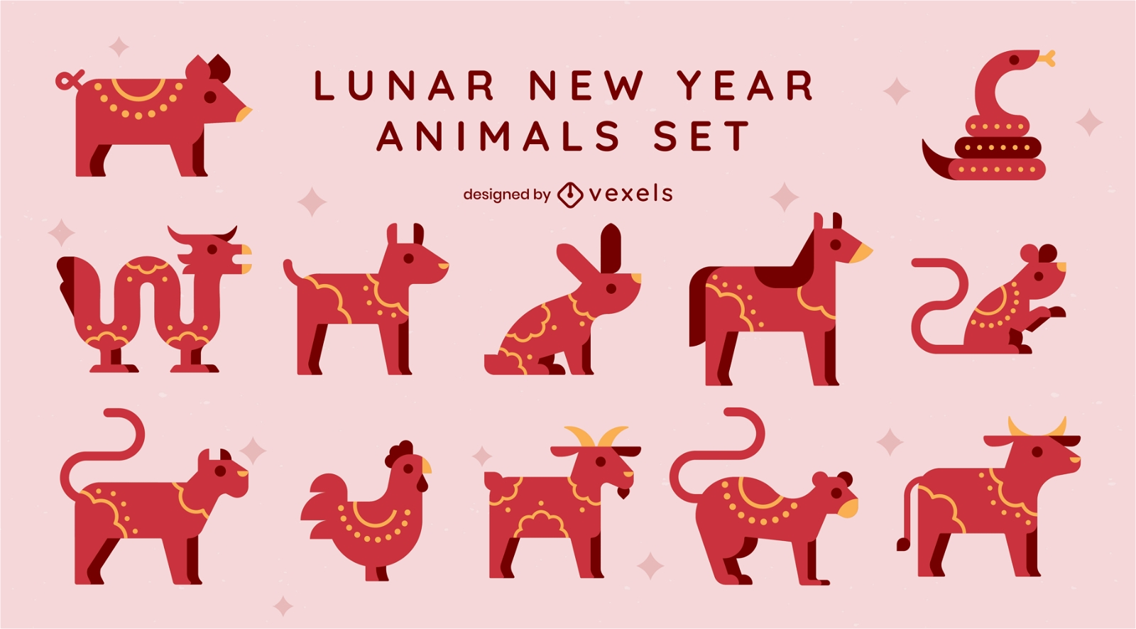 Lunar new year animals red set
