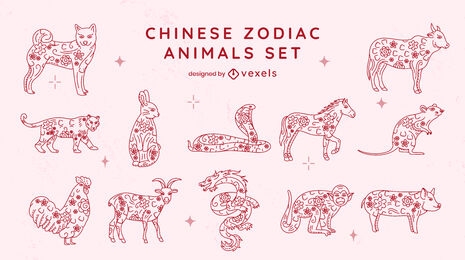 Conjunto vermelho de animais do zodíaco chinês