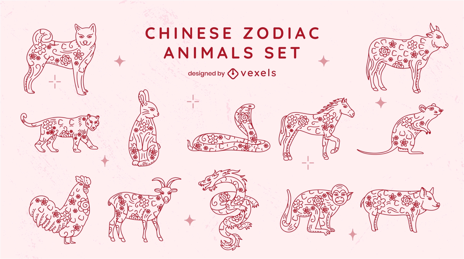 Chinese zodiac animals red set