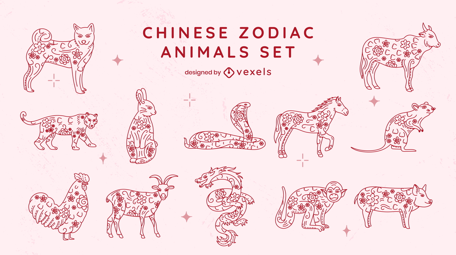 Conjunto rojo de animales del zodíaco chino