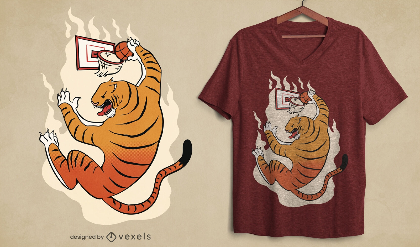 Diseño de camiseta de tigre animal jugando baloncesto.