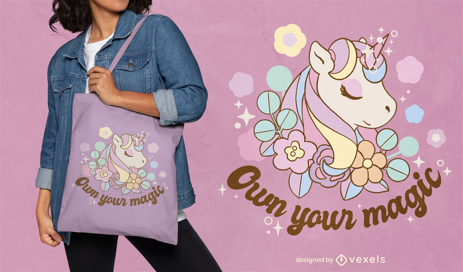 Hermoso unicornio con diseño de bolsa de asas de flores