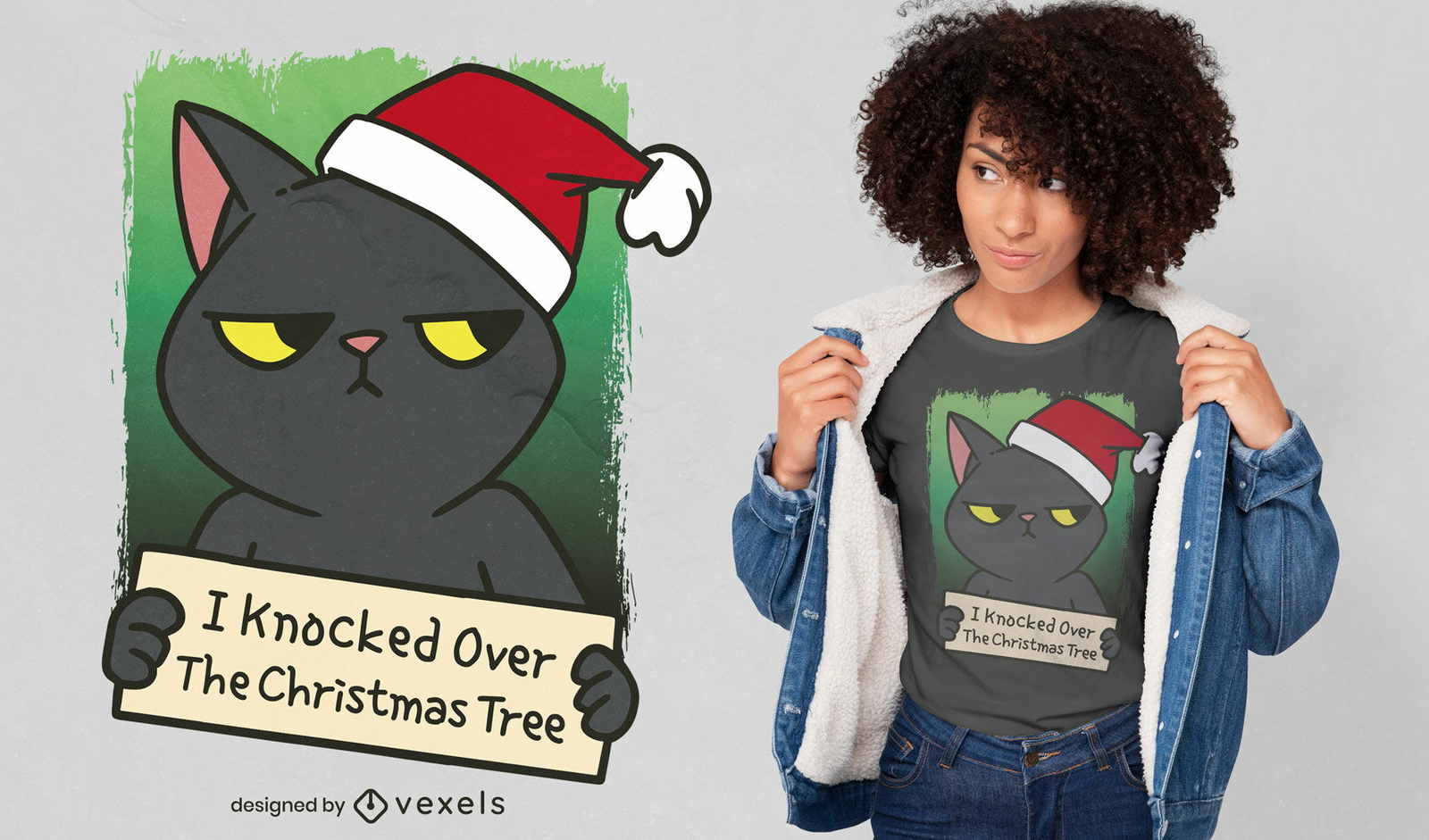 Design de t-shirt da árvore do gato preto de Natal