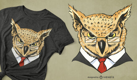 Búho con gafas y diseño de camiseta de traje.