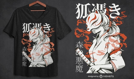 Diseño de camiseta de criatura japonesa kitsune