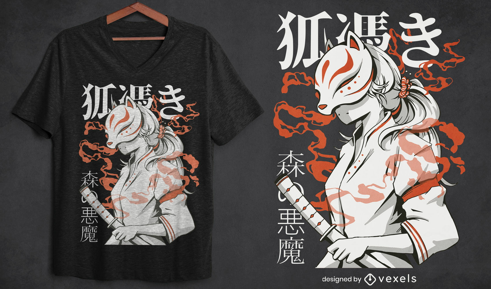 Diseño de camiseta de criatura japonesa kitsune.