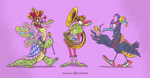 Conjunto de personajes de animales de mardi gras.