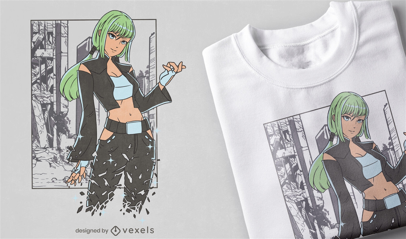 Diseño de camiseta de chica anime postapocalíptica