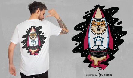 Diseño de camiseta de perro Shiba en cohete espacial.