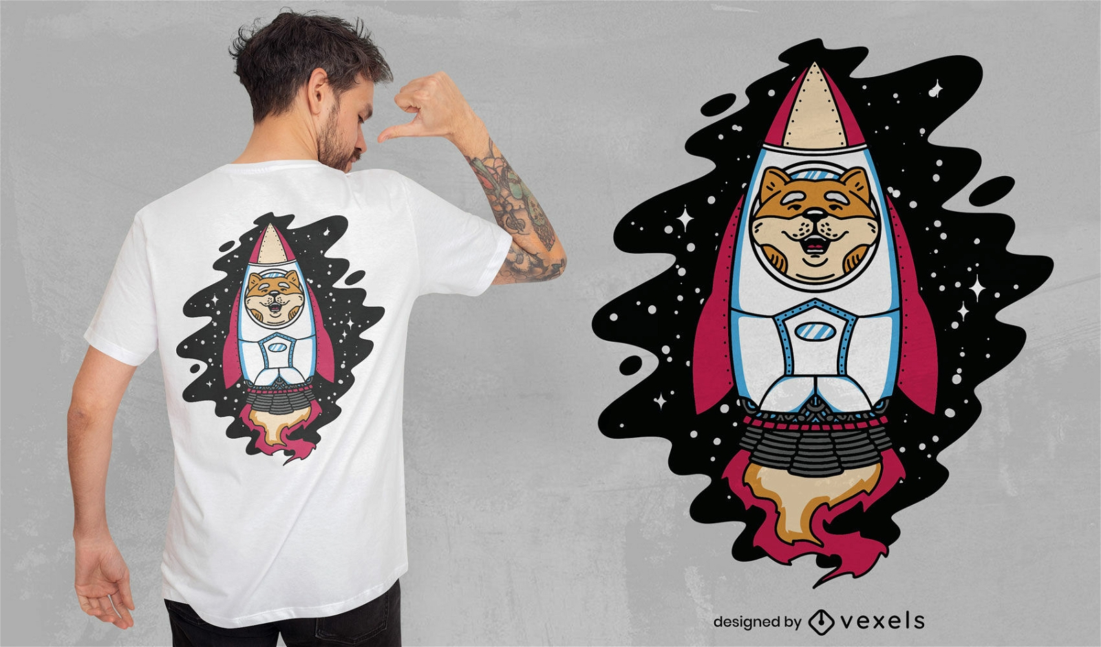 Diseño de camiseta de perro Shiba en cohete espacial.