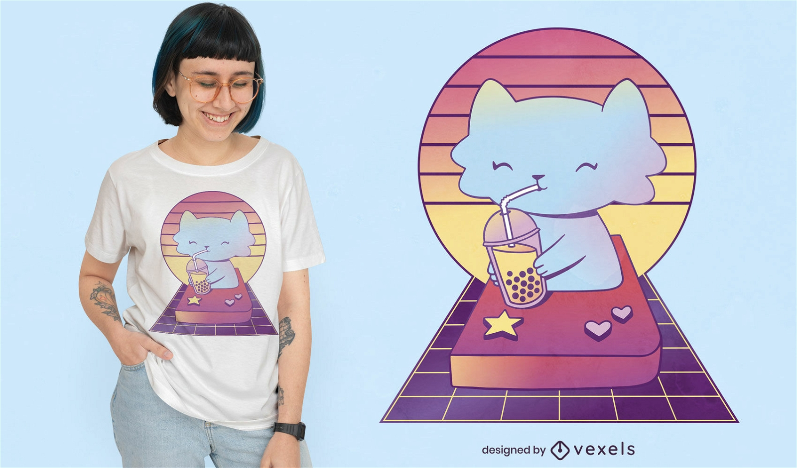 Gato fofo bebendo chá com design de t-shirt