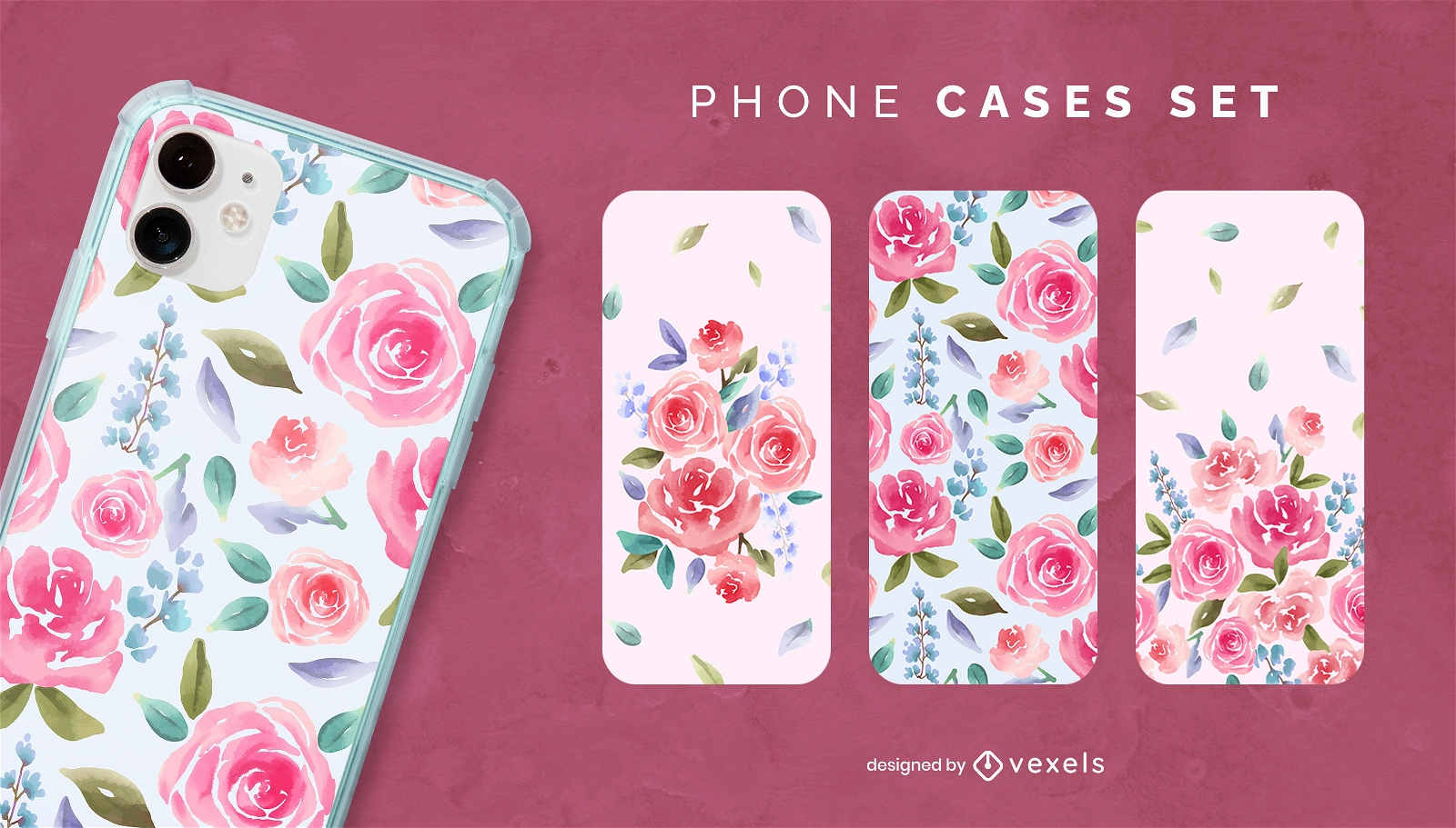 Conjunto de capa de telefone floral rosa aquarela