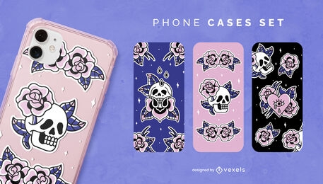 Design de capa de telefone com caveira e rosas