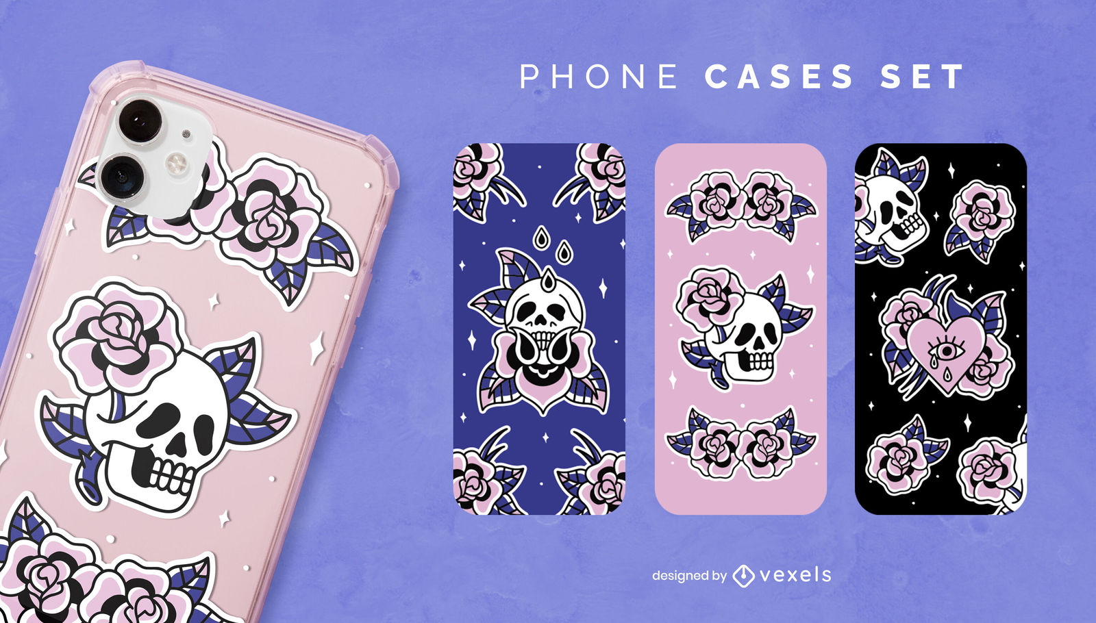 Diseño de caja de teléfono con calavera y rosas