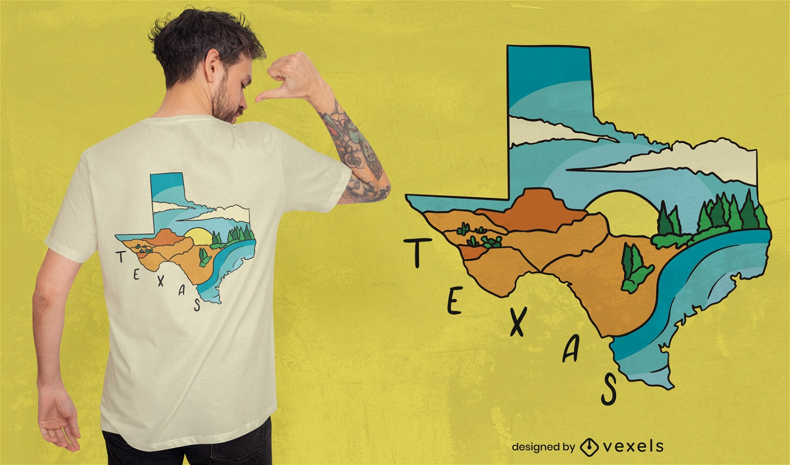 T-Shirt-Design mit Landschaftskarte des Bundesstaates Texas