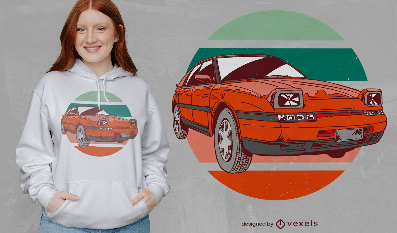 Diseño de camiseta de puesta de sol retro de coche rojo