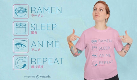 Diseño de camiseta de rutina de anime Ramen.