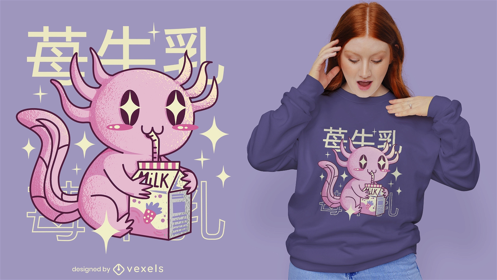 Kawaii Axolotl und Erdbeermilch T-Shirt Design