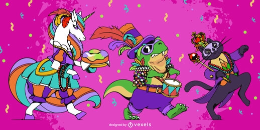 Mardi gras celebration animals in costume set