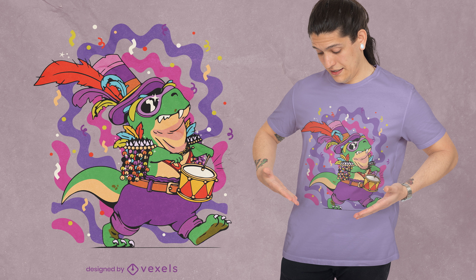 Diseño de camiseta Drum Mardi Gras t-rex