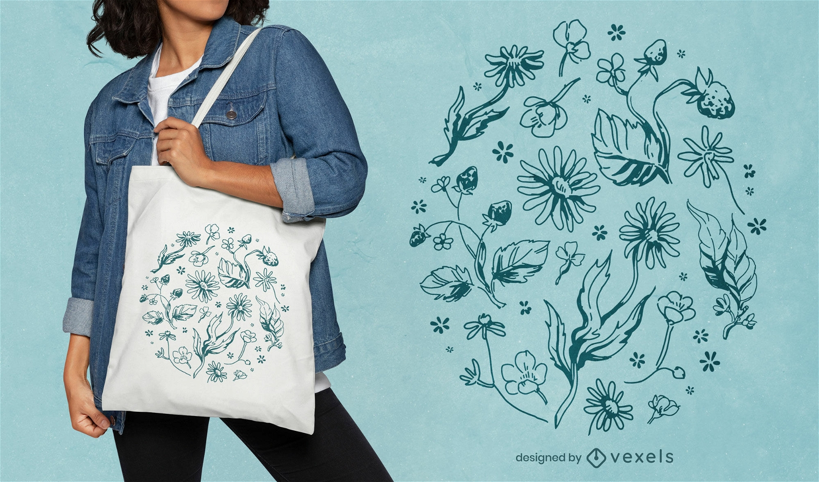 Circle of flowers and leaves tote bag design