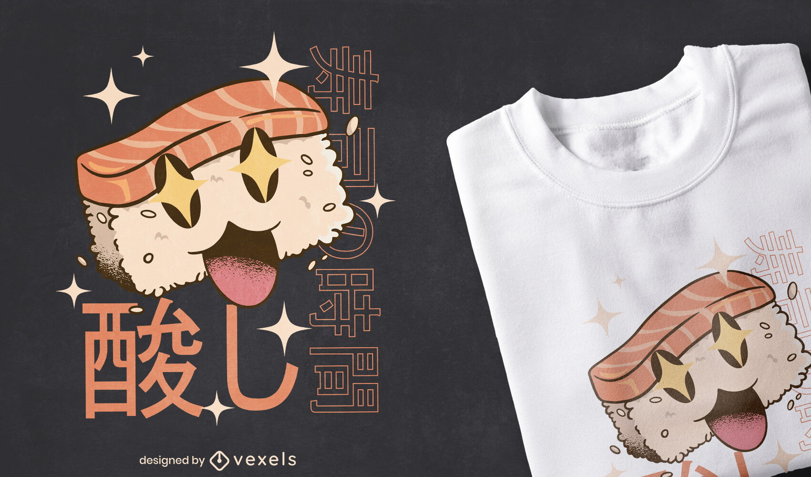 Diseño de camiseta de comida japonesa de sushi kawaii